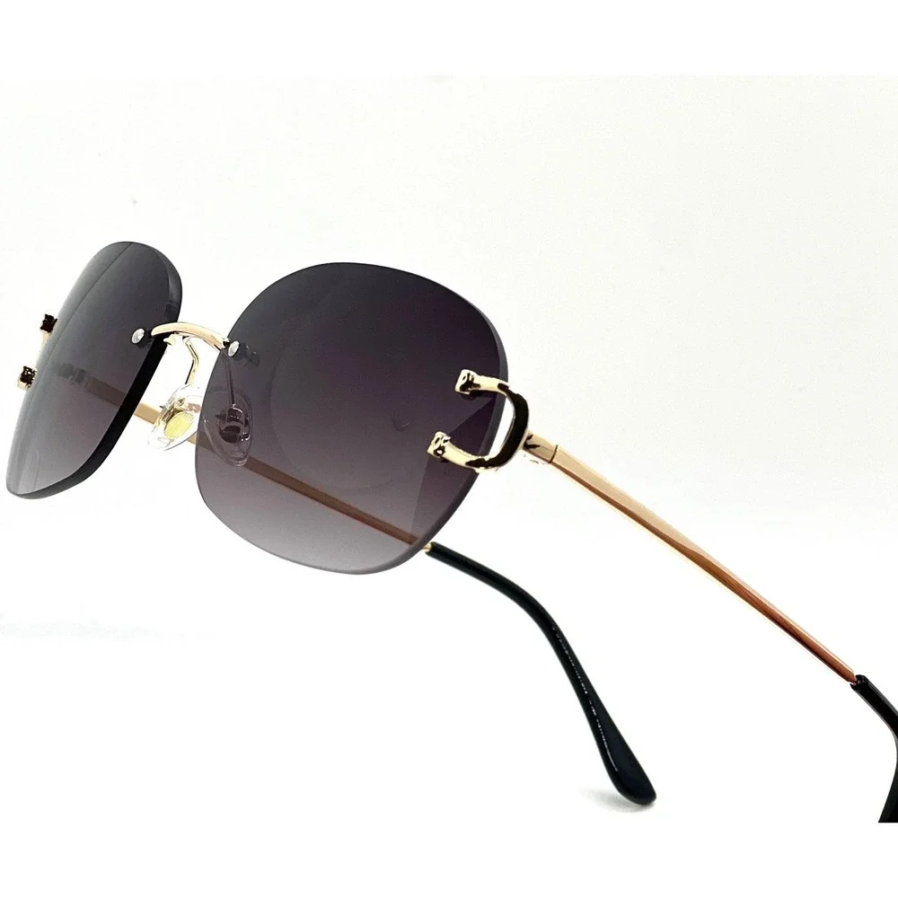 Classic Elegant Modern Sophisticated SUNGLASSES Rimless Gold Frame Black Lens‎